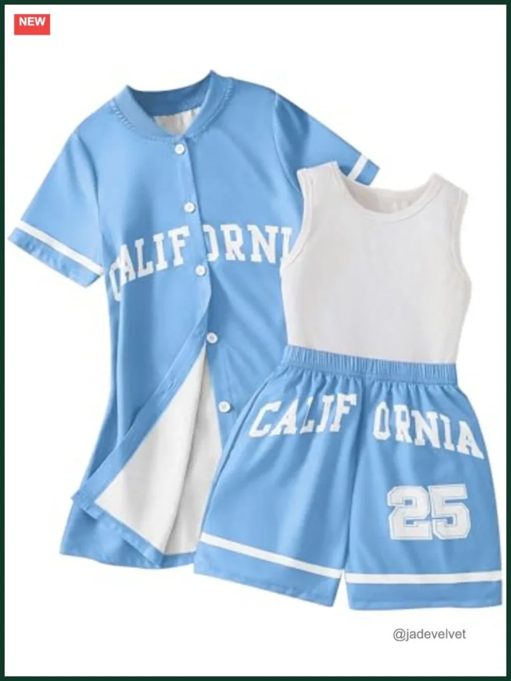 3-Piece Girls Varsity Outfit Tank Button Shirt and Shorts Set Cotton Blend
